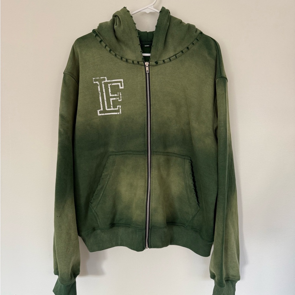 Green Zip-Up Hoodie with Letter Patch